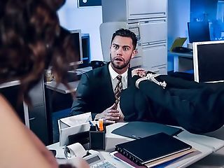 Pair of stunning brunettes fuck one lucky in the office