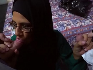 Arab babe down glasses sucks several cocks for money